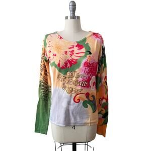 T&L Women's Sweater THE FLOWER IS YOU V-neck Size L Multicolor Sequin